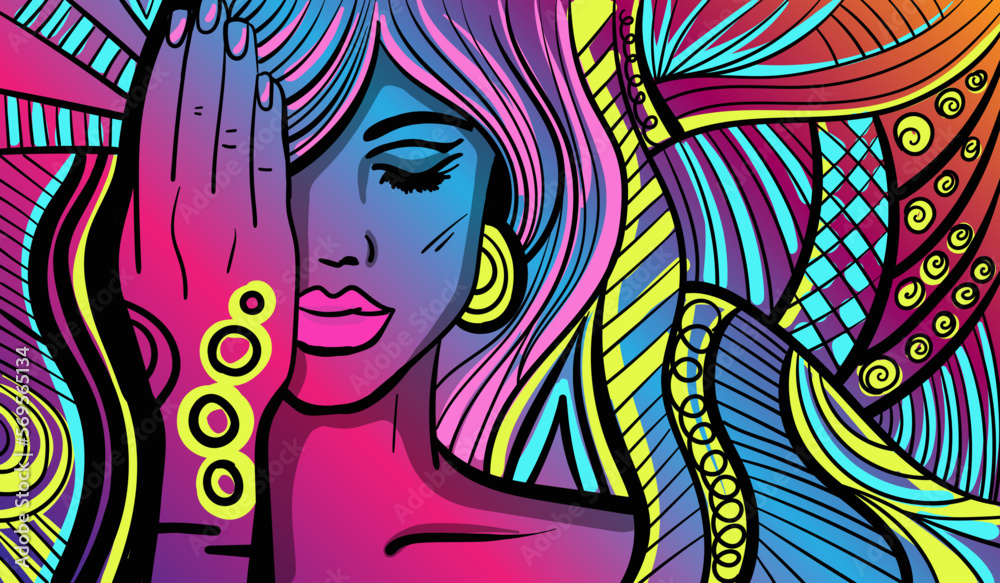 Colourful psychedelic line art with abstract woman.