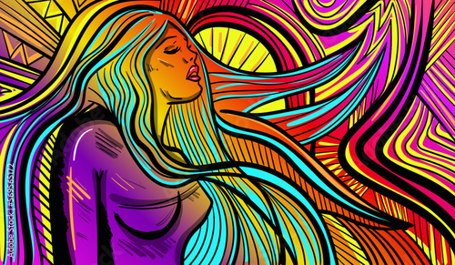 Colourful psychedelic line art with abstract woman.