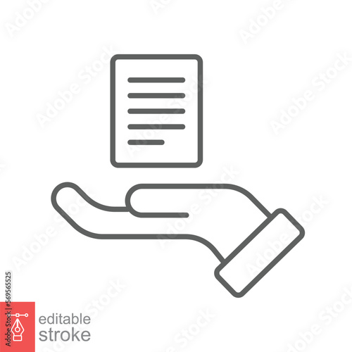 Document handover line icon. Simple outline style file symbol. Ownership, transfer, academy, business agreement concept. Vector illustration isolated on white background. Editable stroke EPS 10.