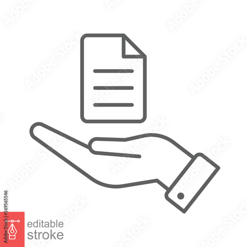 Document handover line icon. Simple outline style file symbol. Ownership, transfer, academy, business agreement concept. Vector illustration isolated on white background. Editable stroke EPS 10.