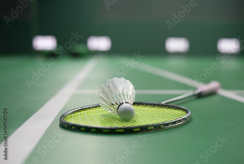 Canvastavla white shuttlecock put on racket on floor badminton court, selective focus