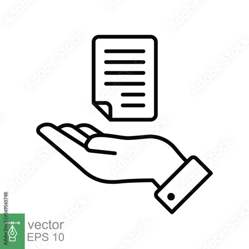 Document handover line icon. Simple outline style file symbol. Ownership, transfer, academy, business agreement concept. Vector illustration isolated on white background. EPS 10.