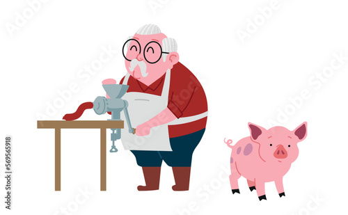 Old butcher's uncle grinds the meat after pig slaughter. Pork meat at processing plant slaughterhouse or butcher shop vector illustration. Funny character drawing. A pig stands next to him.