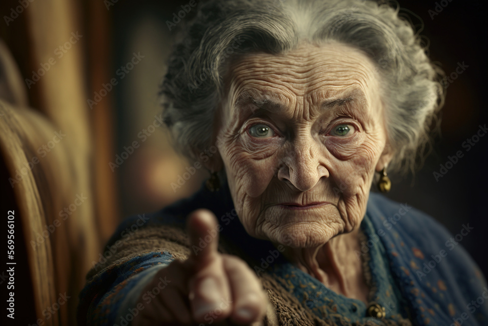 Portrait of an elderly woman pointing her finger to the front. Ai generated