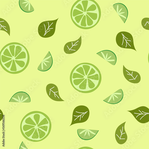 Seamless pattern with lime on light green background. Cartoon tropical illustration. Vector background, wallpaper, backdrop. Bright seamless pattern. Plant floral design.