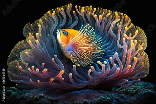  an orange and white fish in an orange and white sea anemone with a black back ground and a black back ground with a black background. Generative AI