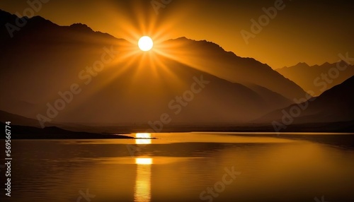  the sun is setting over the mountains and the water in the lake is reflecting the sun s reflection in the water and the mountains. Generative AI