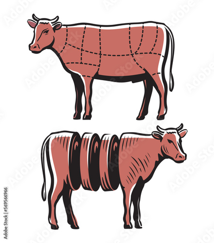 Bull, Beef meat diagram, scheme. Butchery symbol with cow meat cuts. Vintage butcher meat diagram. Vector illustration