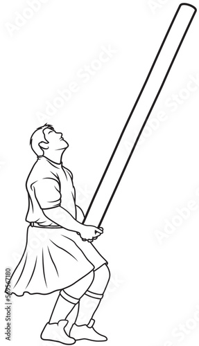Caber toss. Scottish strongman athlete vector icon. Scotland man in kilt tossing the caber at highland games. Line art illustration