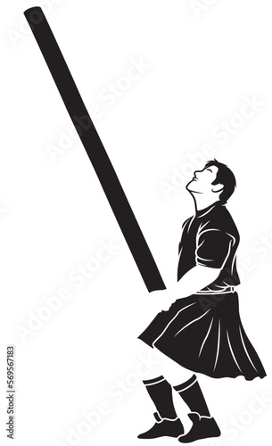 Caber toss. Scottish strongman athlete vector icon. Scotland man in kilt tossing the caber at highland games. Line art illustration
