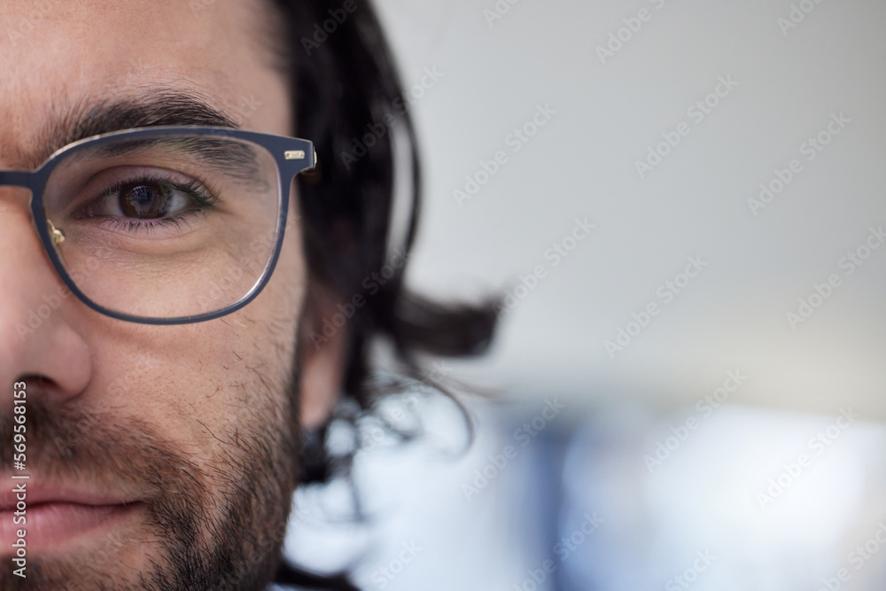 Glasses, optometry and eye of man with mockup prescription eyewear, spectacles and advertising. Half, face and portrait of male person with new stylish frame for vision from optometrist or optician Glasses, optometry and eye of man with mockup prescription eyewear, spectacles and advertising. Half, face and portrait of male person with new stylish frame for vision from optometrist or optician