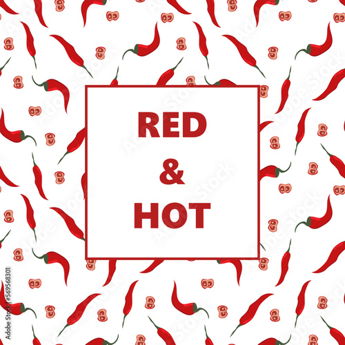 Card for menu on seamless pattern with red chili pepper on a white background. Square composition. Vector background.