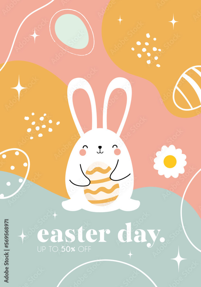 Fototapeta premium Vector hand drawn vertical Easter banner. Happy easter. Easter bunnies and eggs. Modern banner. For postcard, website, advertising banner.