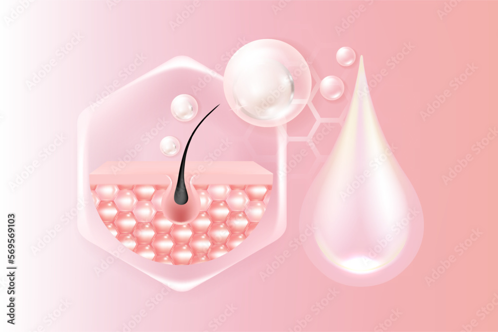 Hyaluronic acid hair and skin solutions ad, pink collagen serum drop