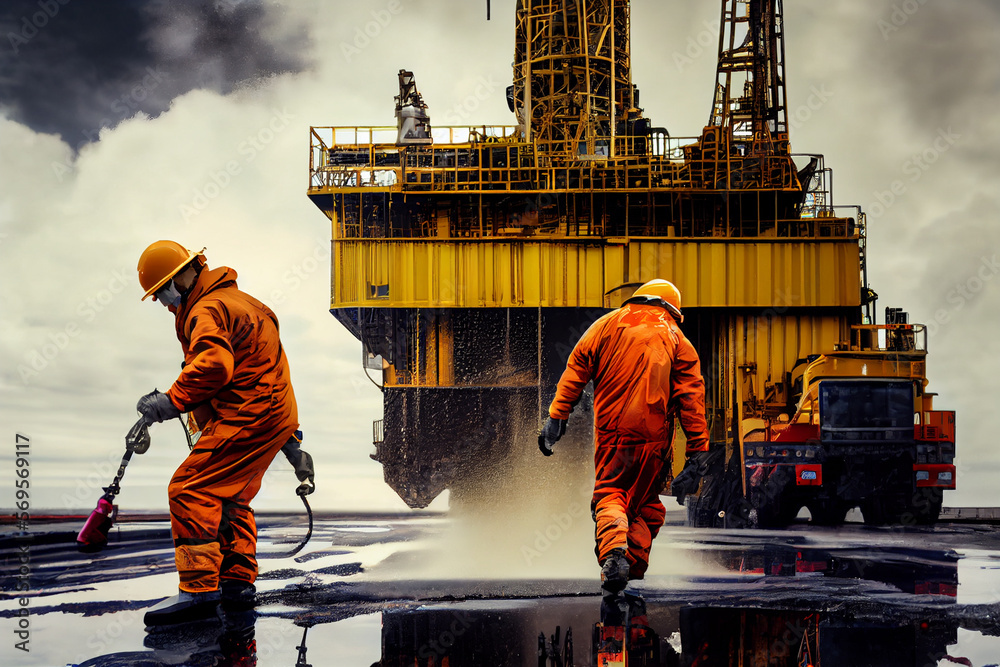 Hard work on an offshore oil rig. Men in protective uniforms in the oil and  gas industry. Illustration Stock