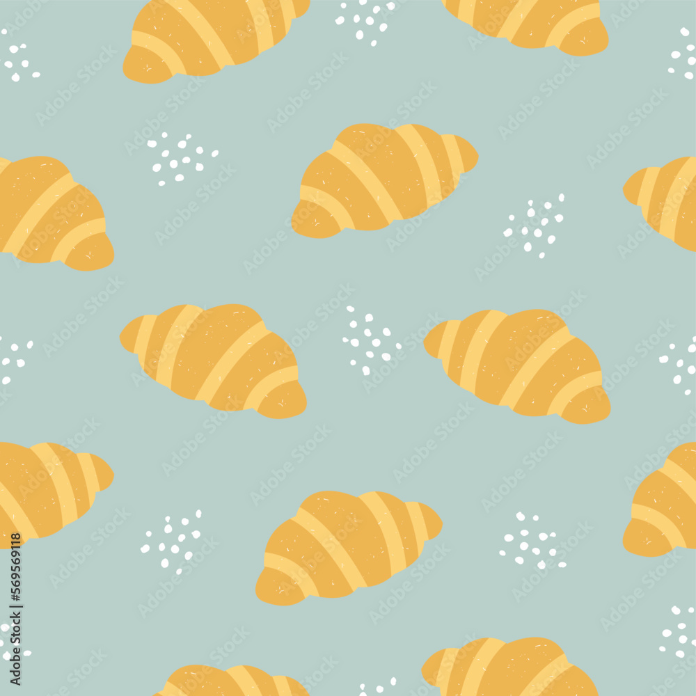 Vector hand drawn seamless cute pattern with croissants. Delicious pattern. Kawaii.	