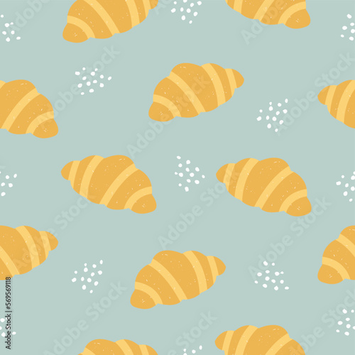 Vector hand drawn seamless cute pattern with croissants. Delicious pattern. Kawaii.	