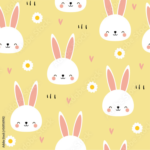 Happy easter pattern. Vector hand drawn seamless pattern with easter bunnies and flowers in doodle style. Bright pattern. Print for textiles, clothes, wallpaper, gift paper.