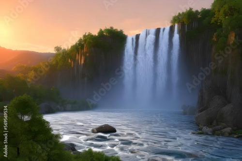 Beautiful waterfall in the forest  evening sunset. AI generated.