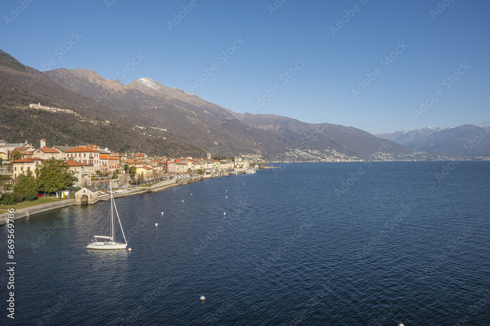 High angle view of the lakefront of Cannobio and Lake Maggiore