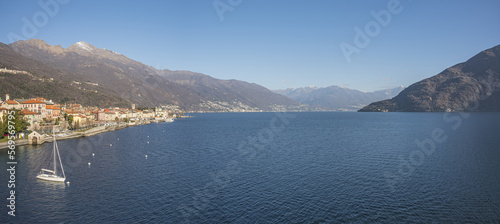 Extra wide high angle view of the lakefront of Cannobio and Lake Maggiore