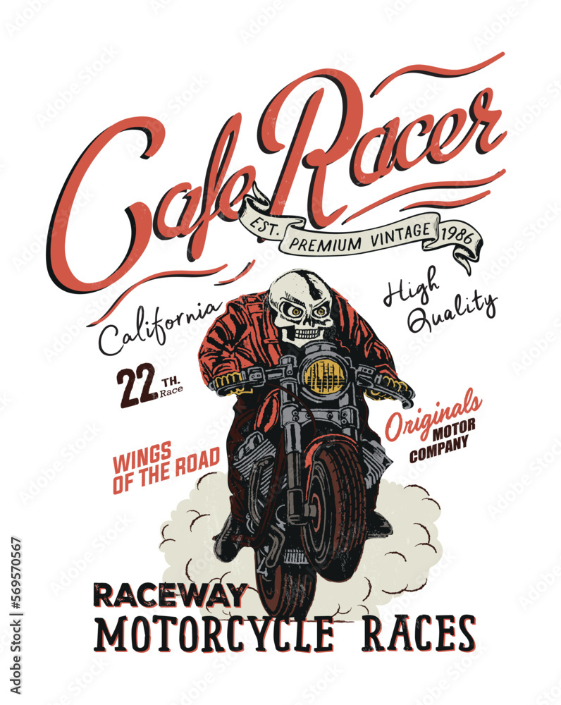 Φωτογραφία Cafe racer Vintage Motorcycle hand drawn t-shirt print.