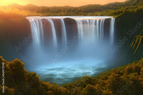 Beautiful waterfall and lake in the forest  sunset. AI generated.