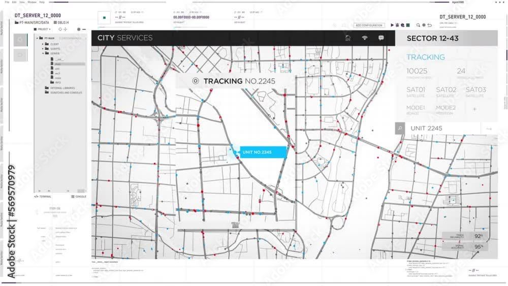 Satellite tracking the location of the cars on the digital city map