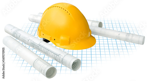 Construction concept, building drawing blueprints grid and yellow hard hat isolated