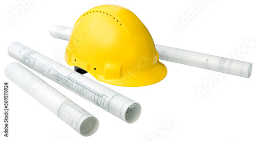 Construction concept, building drawing blueprints and hard hat isolated