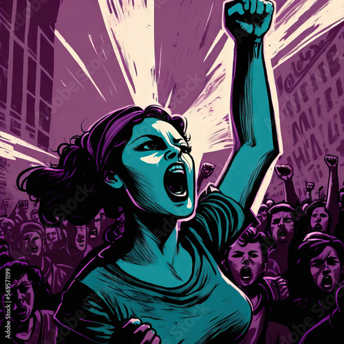 Female leader of strike near crowd