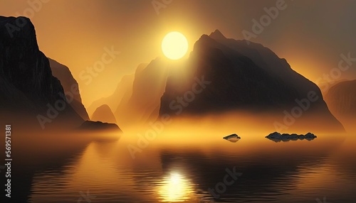  a digital painting of a sunset over a body of water with icebergs in the distance and mountains in the distance, with fog and fog in the foreground. Generative AI