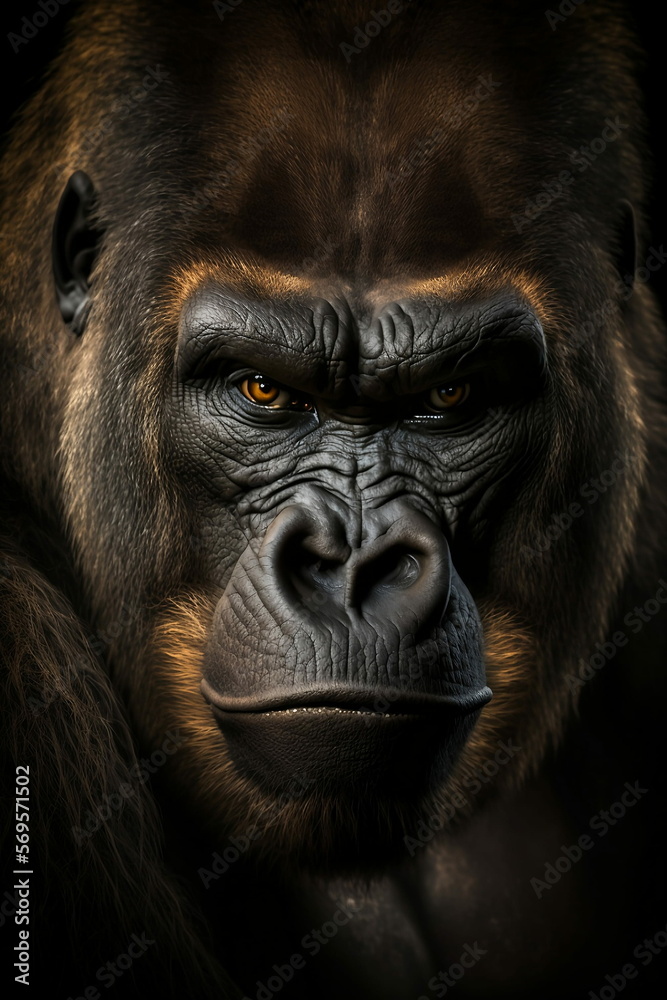 Portrait of a gorilla in front of a dark background, monkey, jungle, generative AI Portrait of a gorilla in front of a dark background, monkey, jungle, generative AI