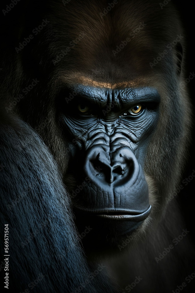 Dramatic portrait of a gorilla, monkey, dark background, generative AI