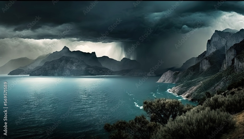  a large body of water surrounded by mountains under a cloudy sky with a lightening beam in the middle of the picture and a dark cloud filled sky. Generative AI