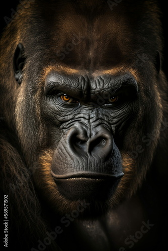 Portrait of a gorilla in front of a dark background, monkey, jungle, generative AI © Cdric