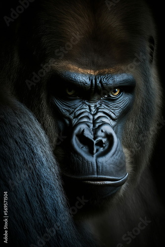 Dramatic portrait of a gorilla, monkey, dark background, generative AI © Cdric