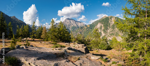 Panoramic view of the La Coche Plateau in Ecrins National Park with Champoleon Valley in the background. Hautes-Alpes (Alps), France photo