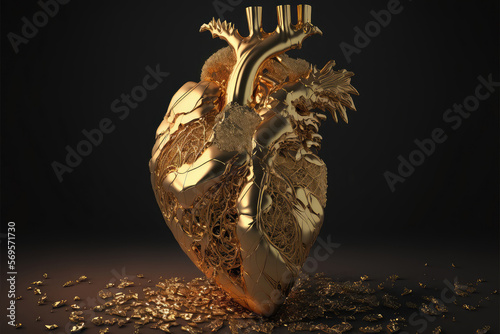 Anatomical heart made of gold on a black background. Brutal Valentine. Photorealistic drawing generated by AI. photo