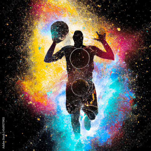 Basketball Player Silhouette at abstract cosmic background – Generative AI Abstract Illustration © Walter Cicchetti