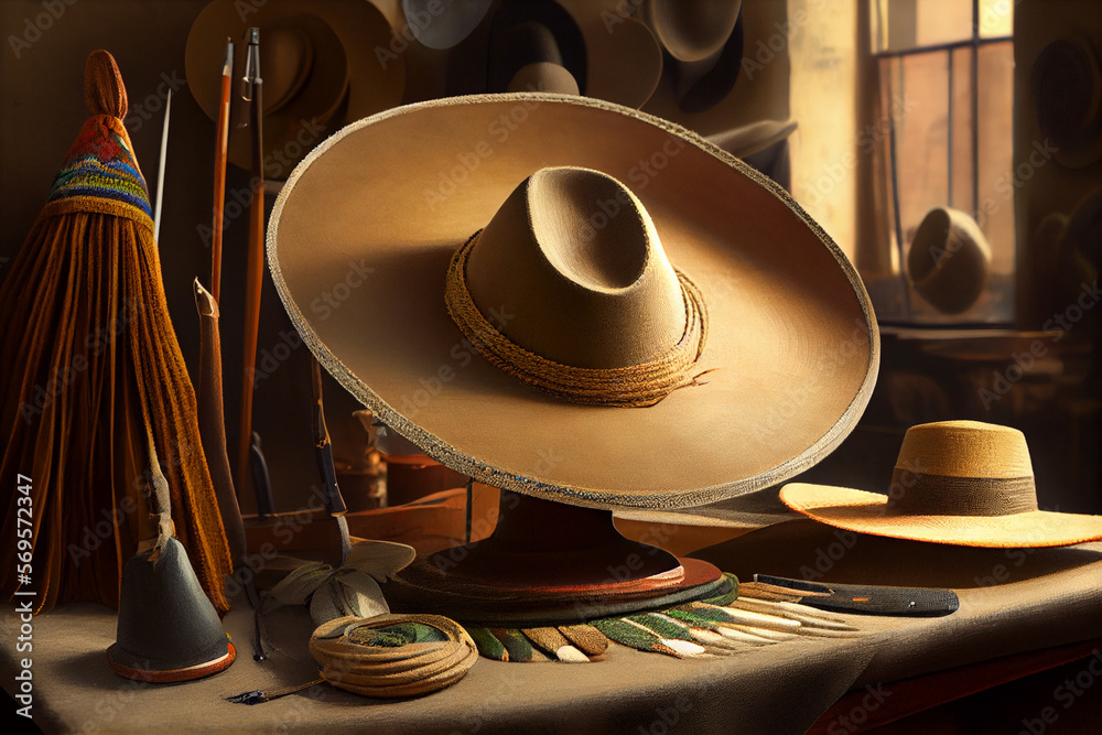 Mexican sombrero on the table in the hat workshop Mexican sombrero on the table in the hat workshop