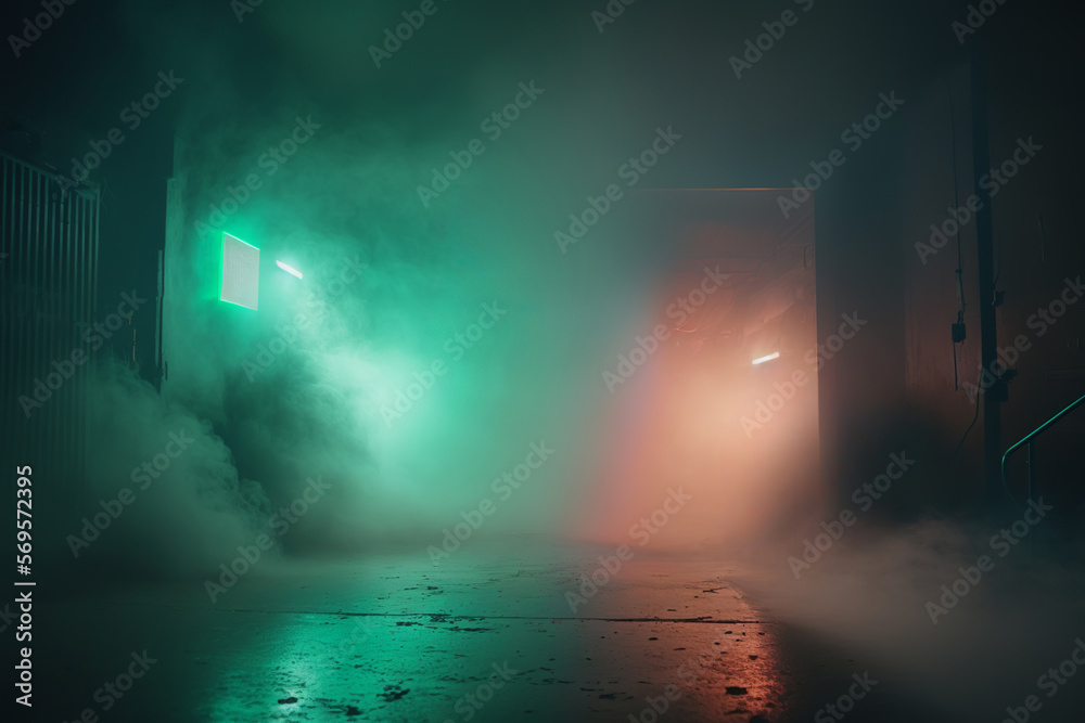 Futuristic Science fiction scene sci-fi with neon lights and smoke background created with a generative ai technology