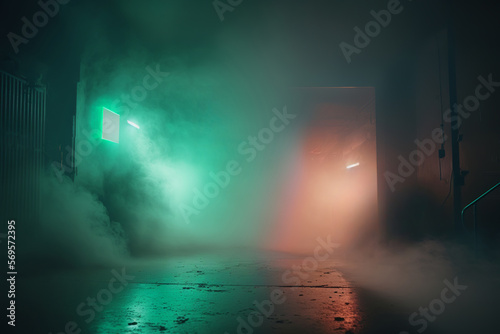 Futuristic Science fiction scene sci-fi with neon lights and smoke background created with a generative ai technology