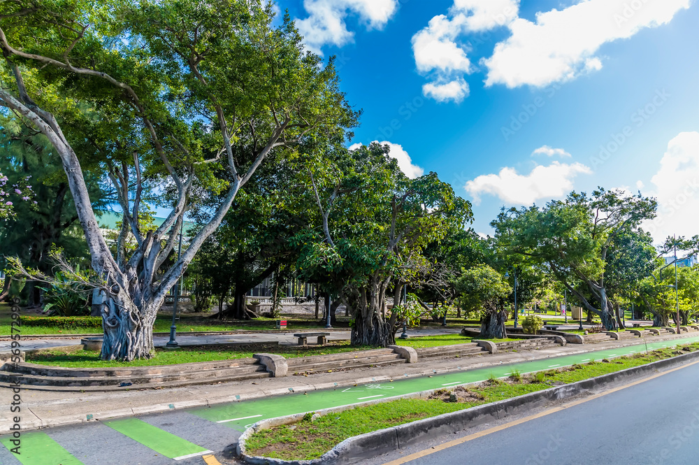 A view towards the Park on the Constitutional Avenue in San Juan, Puerto Rico on a bright sunny day
