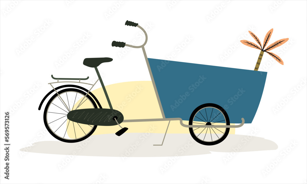 Cargo bike simple flat hand drawn style standing at the parking. Advertisement vector illustration Sunny nostalgia composition.
