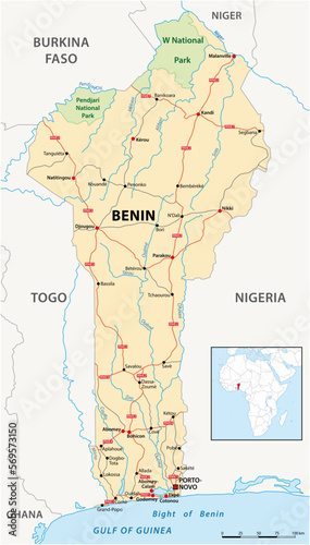 Vector road map of the West African state of Benin