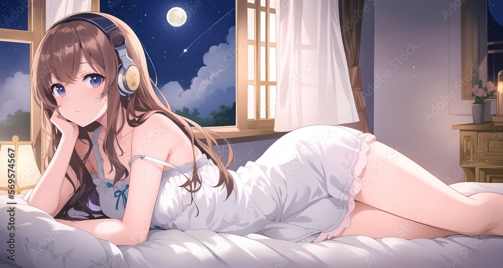 Naklejka premium A beautiful anime Lo-fi girl chilling at night. Generative AI