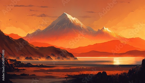  a painting of a mountain with a lake in the foreground and a red sky in the background with a few clouds in the sky. Generative AI