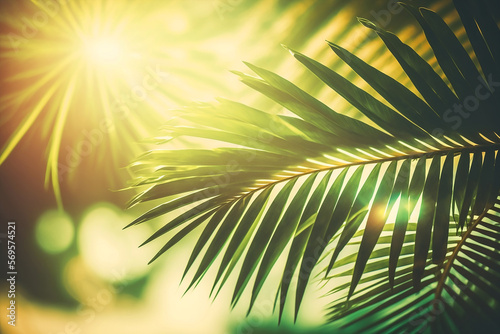 beautiful nature green palm leaf on tropical beach with bokeh sun light. Generative AI  © Kanchana
