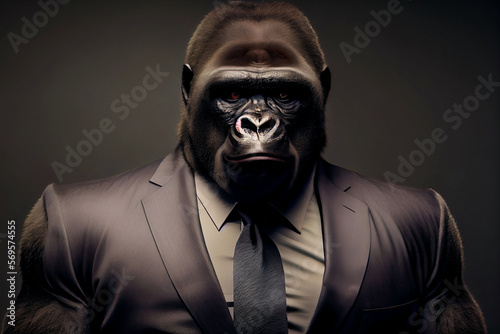 Portrait of a gorilla in elegant business suit outfit. Serious boss concept. Digitally generated AI image.